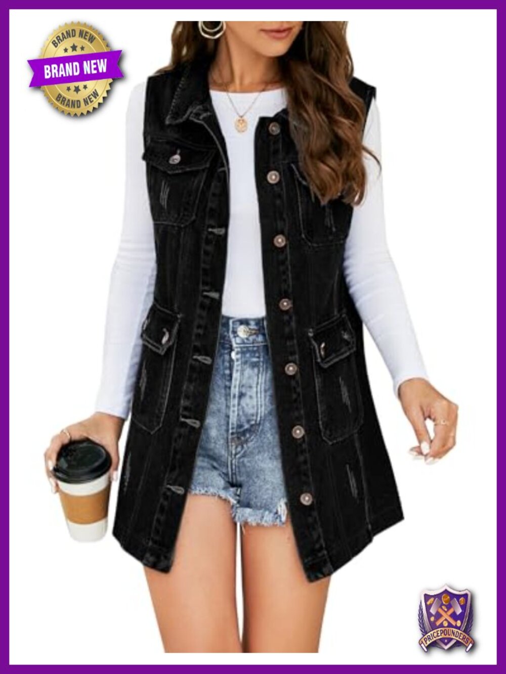 Womens Denim Vest Sleeveless Button Up Mid Long Lightweight Casual